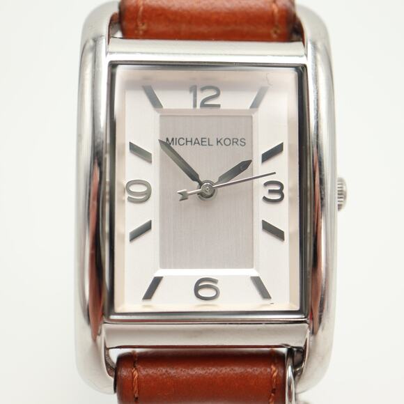 Michael Kors Taylor Tank 26mm Silver Tone Watch Brown Leather w New Battery main image 5